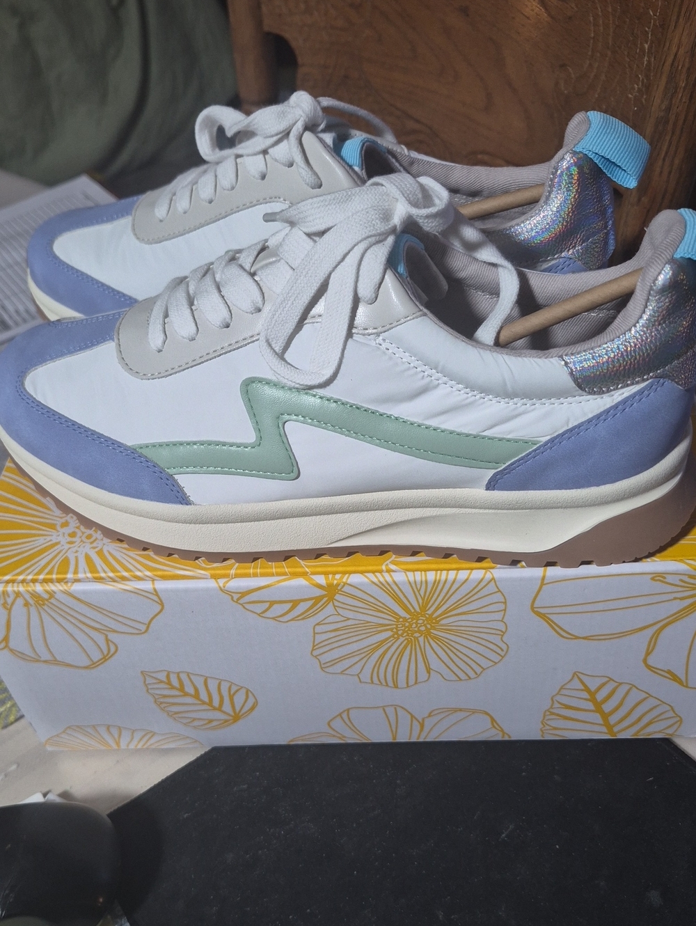 Yellow Box White Sneakers with Pastel Green & Lavender Accents